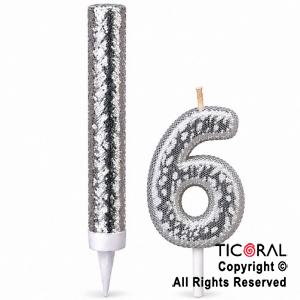 SET BENGALA Y VELA NUMERAL NUMERO 6 CON GIBRE PLATA